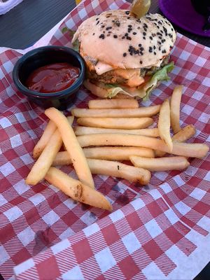 Burger with fries at Version Vegana in San Andres Cholula