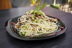 "Aglio Olio"
Pasta with garlic, Mushrooms and edamames (little spicy). at Version Vegana in San Andres Cholula