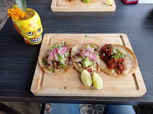 Tacos de asada, champiñones y pastor veganos at Version Vegana in San Andres Cholula
