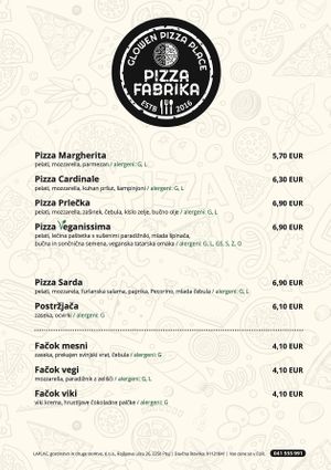Menu at Pizza Fabrika in Ptuj