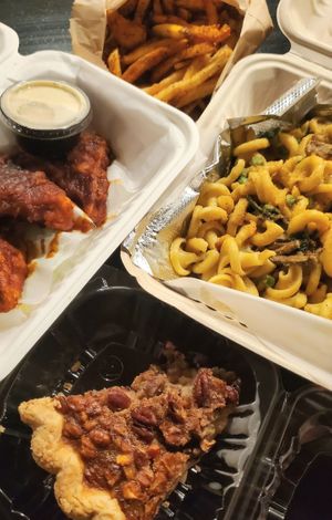 Tofu wings, fries, mac and cheese, pecan pie at Wonderland in Milwaukee