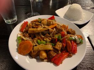 Cashew Nuts with Tofu and Jasmine Rice (made vegan to order) at Lemongrass Asian Fusion in Wausau