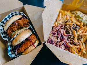 Nashville hot chicken and loaded fries at Never Caged in Los Angeles