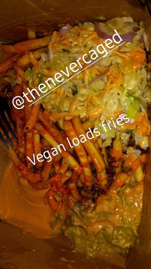 The loaded fries taste good but wish my order was brought more hot. at Never Caged in Los Angeles