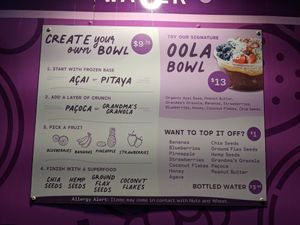 Menu at Kissing Tower Hill location. 7/09/2021 at Oola Bowls - The Boardwalk in Hershey