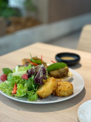 PULLED HERICIUM MUSHROOM RENDANG BENEDICT RM29
Slow-Braised Hericium Mushroom Rendang, Suji Bread, Salad - for the vegan option they replaced it with hashbrowns
 at Sincerely Crafted Cuisine in George Town