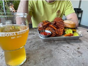 Vegan burger and sweet potato waffle fries at Sedona Beer Company in Sedona