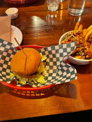 BA burger and chilli fries at Bad Apple  in Vancouver