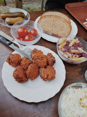 Pickles, Vegan Lentil Balls, Krautfleckerl, Cabbage salad at Weinbau Herrmann in Vienna