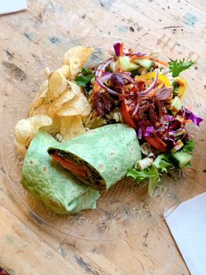 Vegan used hummus wrap with pasta saladd  at Natural Connection in Tomah