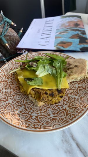Breakfast sandwich with vegan scramble   at Raw and Juicy in Alys Beach