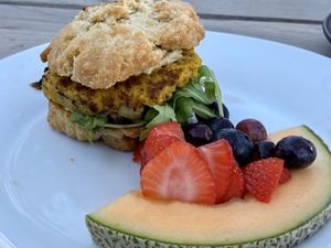 Vegan Biscuit with Chickpea Scramble at Raw and Juicy in Alys Beach
