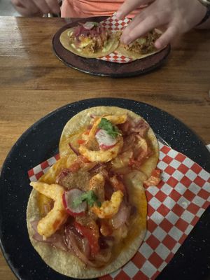 Tacos with “shrimp"  at Taqueria La Lupe in Sevilla