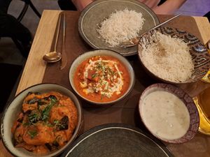 Tofu tikka masala and aloo baingan. Side of raita, and rice at Garlic n Greens in Bruges