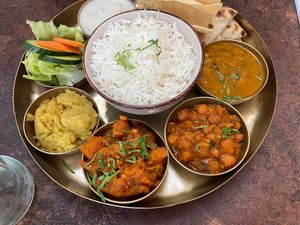 Thali - told them we are vegan so they replaced the cream with a vegan alternative  at Garlic n Greens in Bruges