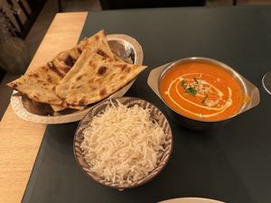 Tofu tikka masala (comes with white rice) and garlic naan  at Garlic n Greens in Bruges