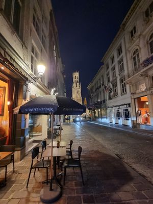 View at Belfry from outdoor seating at Garlic n Greens in Bruges