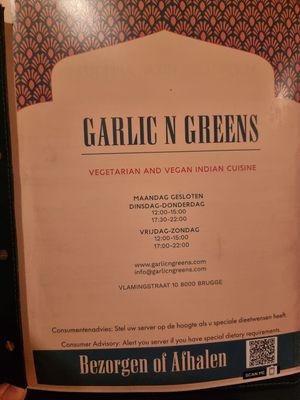 First page of menu at Garlic n Greens in Bruges