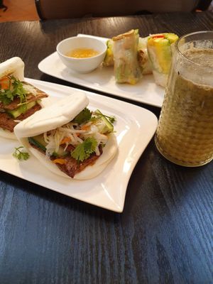 Bao buns, mango summer rolls and matcha green smoothie. at Linh - Not Just A Restaurant in Prague