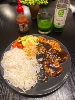 Sweet and sour tofu with rice noodles, Matcha drink   at Linh - Not Just A Restaurant in Prague