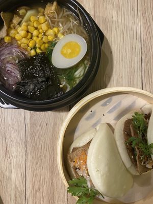 ‘Rare ramen’ featuring vg egg & soy meat, bao buns with soy meat   at Linh - Not Just A Restaurant in Prague