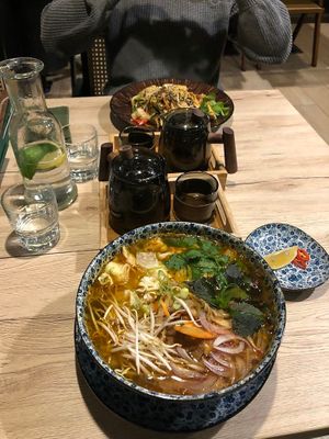 Our full order, tea, free water at Linh - Not Just A Restaurant in Prague