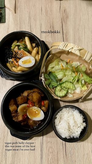 Vegan pork belly (grandma’s claypot) & Tteokbokki  at Linh - Not Just A Restaurant in Prague