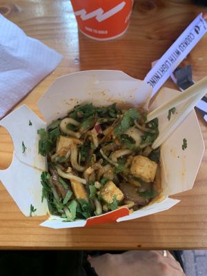Udon noodles with red onion, tofu, shiitake and cilantro  at Wok To Walk - Damstraat in Amsterdam