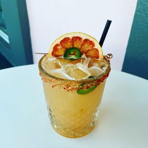 The “Blind Tiger” Cocktail: tequila, grapefruit, jalapeños, firewater bitters.  at Cyth & Co in Oakland Park