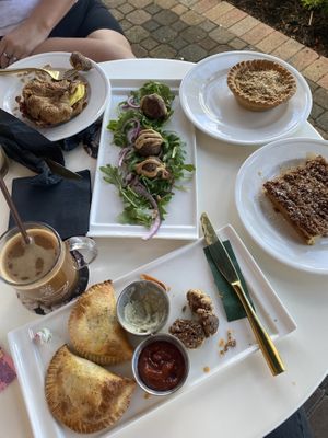 Empanadas, (not vegan bacon sandwich) apple pie, Swedish meat balls, drip coffee, and crumb cake   at Cyth & Co in Oakland Park