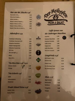 drinks menu at Der Holzofen in Bayreuth