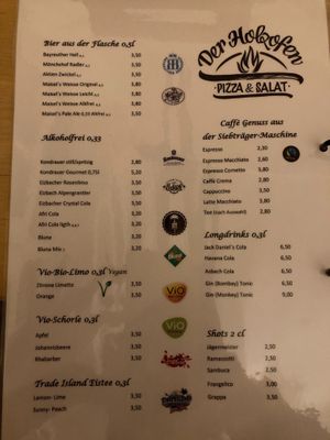 drinks menu at Der Holzofen in Bayreuth