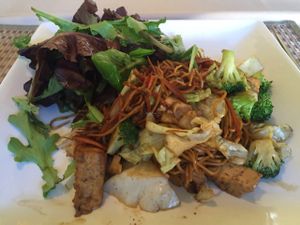 chow mein and salad (Lunch special) at Green Earth Vegan Cuisine in Pasadena