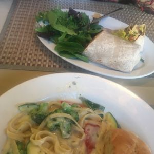 fettuccini and fajitas at Green Earth Vegan Cuisine in Pasadena