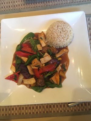 Three flavors with brown rice  at Green Earth Vegan Cuisine in Pasadena