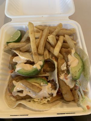 Fish Tacos 😋🌱 at Green Earth Vegan Cuisine in Pasadena