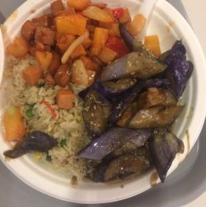 Sweet and sour tofu,eggplant, & vegan fried rice at Loving Hut - Westfield Mall Food Emporium in San Francisco