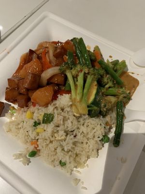 Sweet & sour with soy protein, vegetable curry and fried rice (choose 2 + rice or noodles) at Loving Hut - Westfield Mall Food Emporium in San Francisco