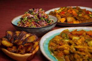 Curry “Chicken”, Curry “Mutton”, Plantain and Coleslaw at Jam Delish in North London