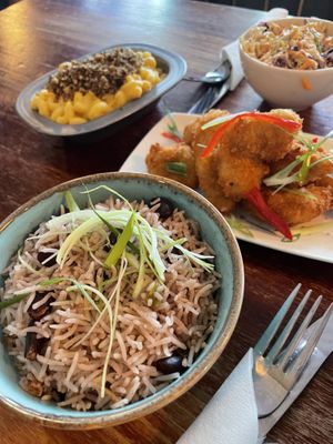 Rice and peas , prawns with mango mayo , Mac and cheese , slaw  at Jam Delish in North London