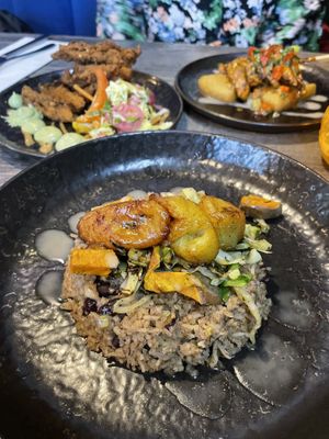 Rice and plantain that comes with curry goat   at Jam Delish in North London