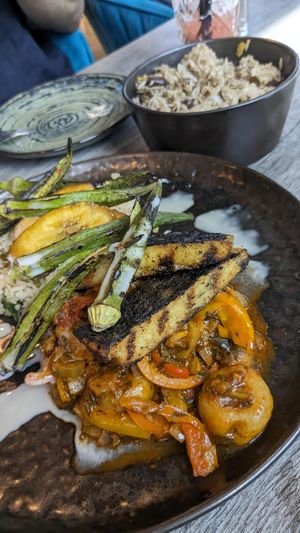 Tofish, okra, rice and curry at Jam Delish in North London