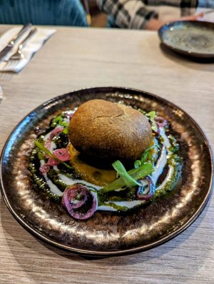 Brown stew oyster mushrooms fried dumpling at Jam Delish in North London