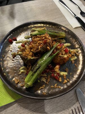 Crispy grilled aubergine and Caribbean pepper sauce  at Jam Delish in North London