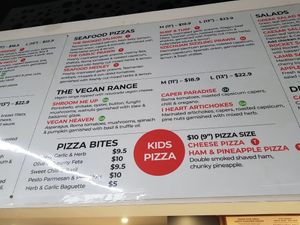 Vegan pizza menu at Chargrill'd Eatery in Belconnen
