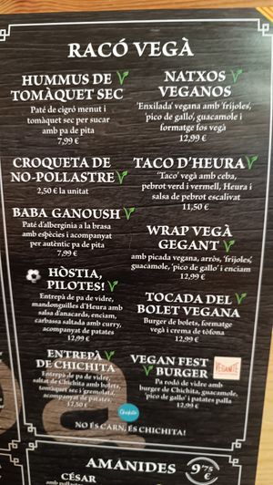 Carta opciones veganas at Mitica la Vella in Terrassa