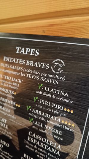 Carta salsas veganas para las bravas at Mitica la Vella in Terrassa