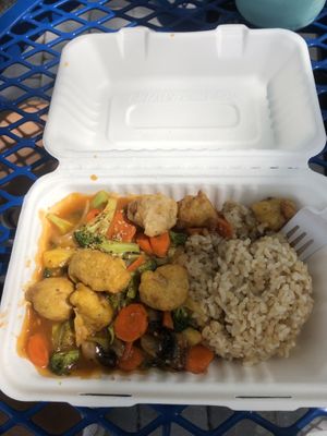Orange Sweet & Sour Nuggets with veggies and rice at Loving Hut in Tampa