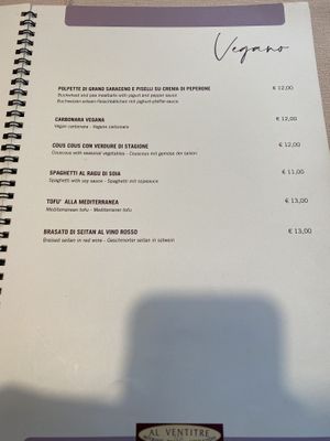 Vegan menu card at Al Ventitre in Lazise