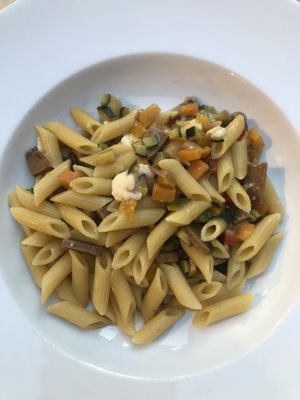 Penne with vegan cheese, seitan, grilled vegetables and mushrooms at Al Ventitre in Lazise